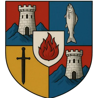 Blason écartelé : au premier de gueules à la tour d'argent crénelée sur fond de montagnes d'azur ; au deuxième d'azur à la truite d'argent ondoyante en pal ; au troisième d'or à l'épée de sable posée en pal ; au quatrième de gueules à la tour d'argent crénelée sur fond de montagnes d'azur ; sur le tout, un écu d'argent à la flamme de gueules.